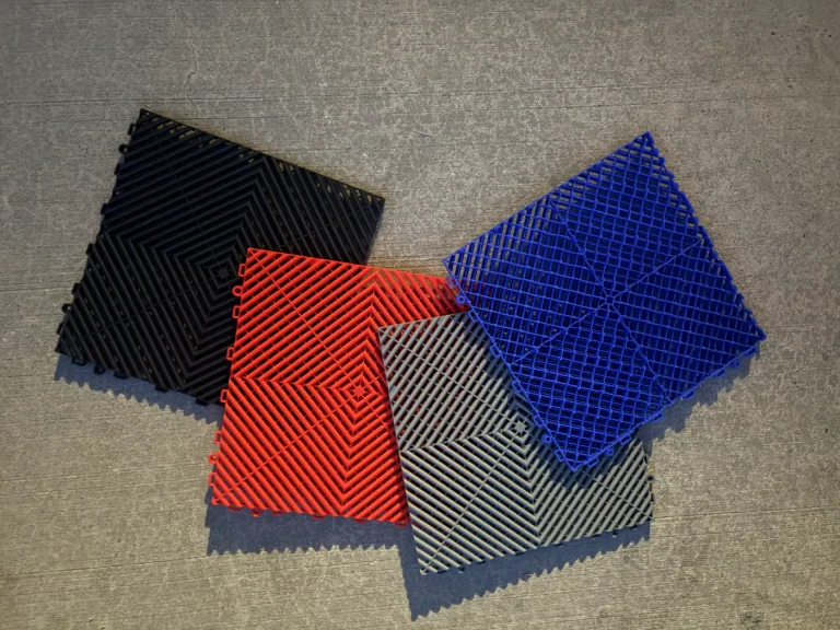 Vented garage tiles in black, red, grey and blue