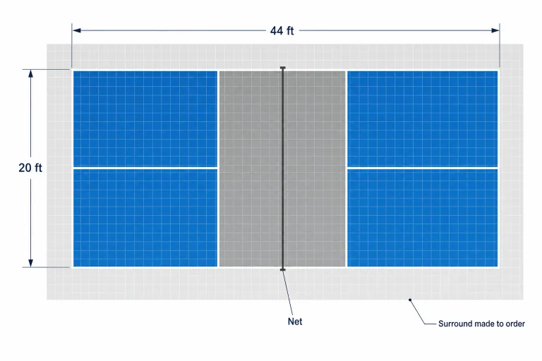 Pickleball court diagram showing the 20 by 44 foot playing area and an optional tiled surround